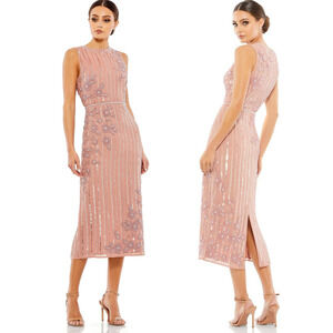 NEW Mac Duggal 70260 Rose Striped Floral Embellished Sleeveless Midi Dress